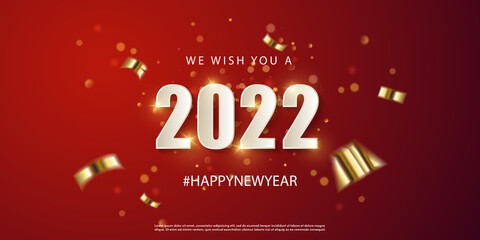Poster - 2022 Happy New Year vector holiday on red background. Shiny party background. White Numeral 2022 with glitter gold confetti and serpentine. Festive premium template for holiday. Vector illustration.