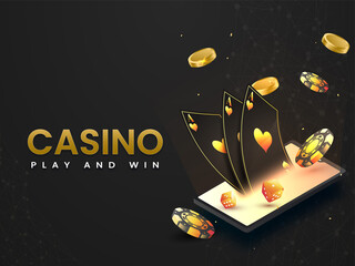 Wall Mural - Casino Play And Win Through Smartphone With 3D Elements On Black Polygonal Background.