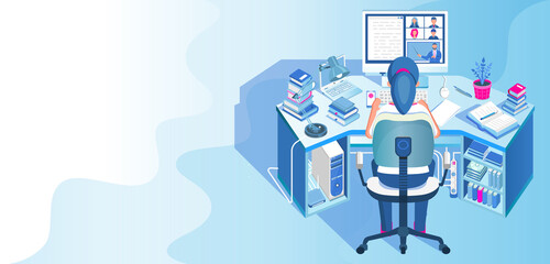 Learning online at home. Student sitting at desk and looking at computer monitor. E-learning banner. Web courses or tutorials concept. Distance education flat isometric illustration.
