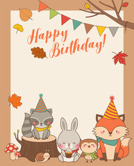  Cute woodland cartoon animals illustration with copy space for birthday card template.