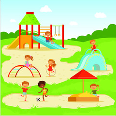 Wall Mural - funny children summer playground kids playing park vector illustration