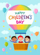 Happy children’s day vector background with cartoon kids riding a hot air balloon.