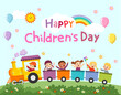 Happy Children’s Day vector background with happy kids on the train.