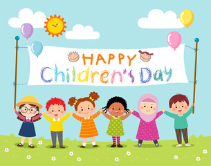 Wall Mural - Happy kids holding Children’s Day banner.