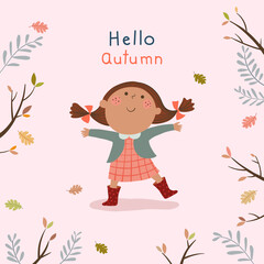 Wall Mural - Vector illustration of happy little girl playing outdoors in autumn. Hello autumn illustration.