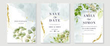 Luxury Wedding Invitation Card Background  With Golden Line Art Flower And Botanical Leaves, Organic Shapes, Watercolor. Abstract Art Background Vector Design For Wedding And Vip Cover Template.