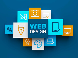 Wall Mural - 3D render of top view of WEB DESIGN concept with symbols on colorful cubes on dark blue background