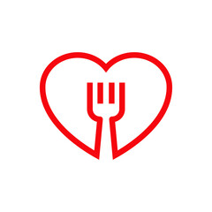 Poster - I love food. Cubiertos en corazón. Logotipo con silueta de tenedor en corazón con lineas en color rojo