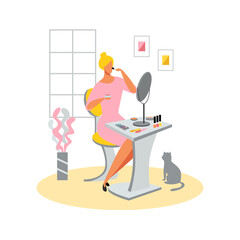 Woman applies makeup while sitting in front of the mirror. Vector flat illustration for design of beauty products, web banner, text article in a magazine, advertising of cosmetics.