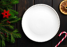 White Plate On Dark Wooden Background, Copy Space