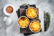 British dish  Shepherd's pie with ground meat, mashed potato and cheddar cheese crust. White background. Top view