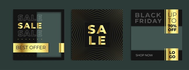 GOLD Set of black Friday 2021 sale post social media pack template premium poster vector. Black Friday sale label template design for banner, idea, cover, booklet, print, flyer, card, poster, badge