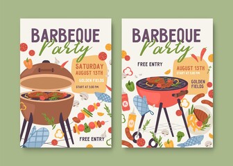 Flyer templates for summer BBQ party. Ad poster designs with barbecue grills and food. Vertical invitation cards for outdoor barbeque picnic. Flat vector illustration of advertisement fliers