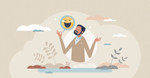 Sense Of Humor And Funny Story Telling To Get Laughter Tiny Person Concept. Human Skill And Talent To Express Anecdotes Or Stand Up Comedy Vector Illustration. Happy Emotion Or Feeling Face Expression