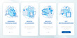 PT process blue onboarding mobile app page screen. Health care. Physical therapy walkthrough 4 steps graphic instructions with concepts. UI, UX, GUI vector template with linear color illustrations
