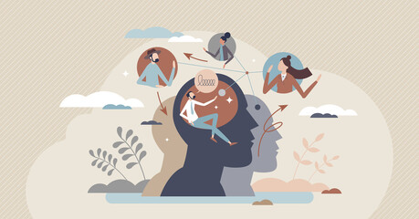 Social cognition as psychological mind interaction tiny person concept. Process, store and apply information about society members and make connections in brains or self perception vector illustration