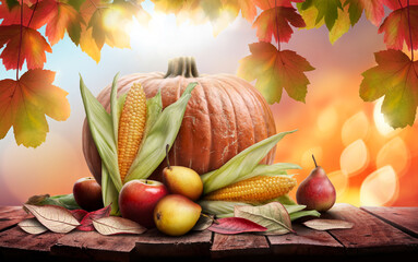 Sticker - a wooden table, tabletop product display for thanksgiving holiday harvest with a golden autumn sunse