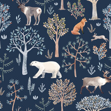 Beautiful Vector Winter Seamless Pattern With Hand Drawn Watercolor Cute Trees And Forest Bear Fox Deer Animals. Stock Illustration.