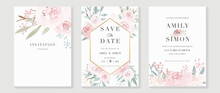 Wedding Invitation Card Template With Flower Watercolor Texture Vector. Save The Date Invite Cards. Vector Illustration.