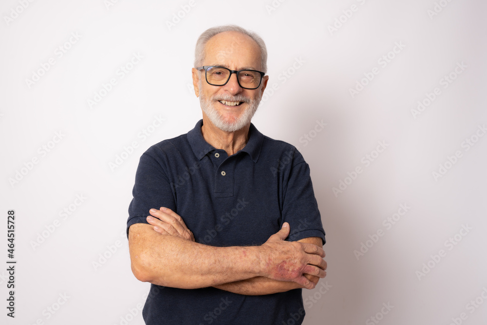 Portrait of senior man with crossed arms isolated on white Stock Photo ...