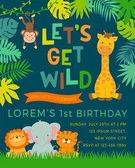 Cute jungle animals cartoon illustration for party invitation card template
