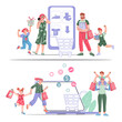 © Anastasia - Family shopping in internet store characters set. Parents and children buying online using mobile phone and laptop, flat cartoon vector illustration isolated on white background.