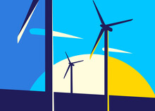 Banner With Wind Power Stations. Placard Design In Abstract Style.