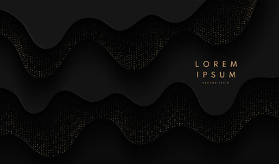 Wall Mural - Abstract black and gold paper cut wavy shapes layers with golden dots glitter on dark background. Luxury and elegant banner design. Vector black friday background. Vector illustration