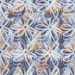 Rustic french grey flower printed fabric. Seamless european style soft furnishing textile pattern. Batik all over digital floral print effect. Variegated blue decorative cloth. High quality raster jpg