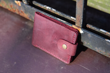 hand made leather wallet . Leather craft. Selective focus