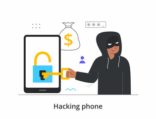 Poster - hacking smartphone concept. cyber criminal picks up password to phone and opens lock with key. man s
