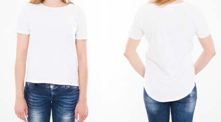 Wall Mural - Front and back views of young sexy woman in stylish tshirt on white background. Mock up for design. Copy space. Template. Blank