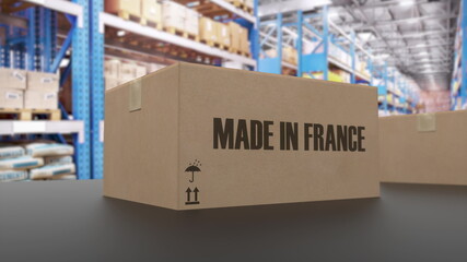 Boxes with MADE IN FRANCE text on conveyor. United Arab Emirates goods related. 3d rendering