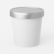 Ice cream tub in white with silver lid on a plain background. 3d render.