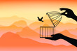 Dream Birds Flying Away, the birds flying out of a bird an open cage, the birds released from a cage, freedom concept. birds set free vector illustration.