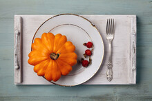 Bright Orange Squash And Dry Rose Hips On A Vintage Plate