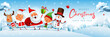 Merry Christmas! Happy Christmas companions. Santa Claus, Mrs Claus, Snowman, Reindeer and elf in Christmas snow scene.