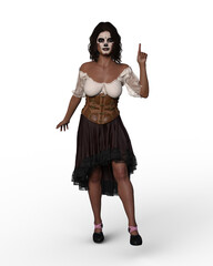 3D rendering of a beautiful woman with sugar skull face paint for the Day of the Dead holiday isolated on a white background.