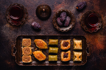 Wall Mural - Traditional turkish, arabic sweets baklava assortment.