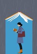 Young woman reading a book under a giant book covering her from rain like an umbrella, EPS 8 vector illustration