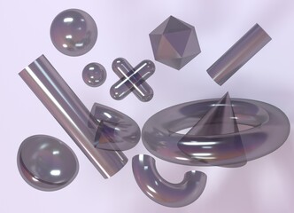 Aufkleber - Minimalistic 3D composition of bright holographic figures: tore, cross, cone, prism, sphere and icosahedron. Abstract geometic illustration.