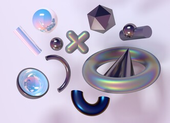 Aufkleber - Minimalistic 3D composition of bright holographic figures: tore, cross, cone, prism, sphere and icosahedron. Abstract geometic illustration.