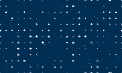 Poster - Seamless background pattern of evenly spaced white maple leafs of different sizes and opacity. Vector illustration on dark blue background with stars