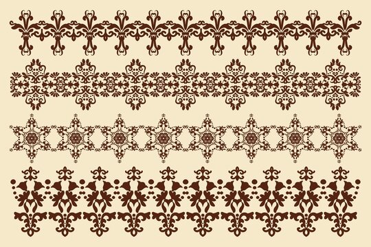 Patterned borders with floral elements. Set of ornaments in vintage style. Design element. Computer graphics.
