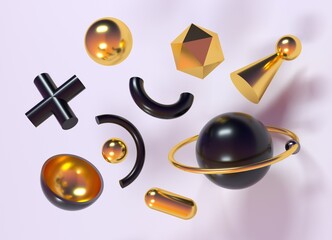 Aufkleber - Minimalistic 3D composition of figures: torus, cross, cone, prism, sphere and icosahedron. Abstract geometric illustration in black and gold colors.
