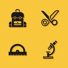  Set School backpack, Microscope, Protractor grid and Scissors icon with long shadow. Vector