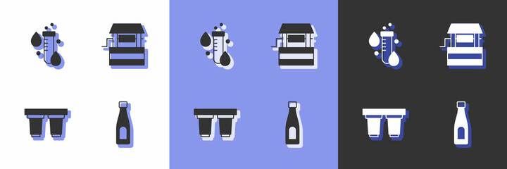 Poster - Set Bottle of water, Test tube with drop, Water filter cartridge and Well icon. Vector