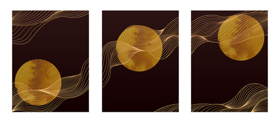 Luxury wallpaper with golden waves pattern with moon or sun on a dark background. Linear art pattern for print and decor