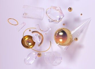 Aufkleber - Minimalistic 3D composition of figures: torus, hemisphere, cone, prism, sphere and icosahedron. Abstract geometric shapes made of glass and gold.