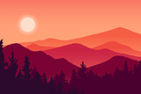 Fototapeta Na ścianę - Mountain landscape and forest vector illustration, red silhouette hill environment at sunset